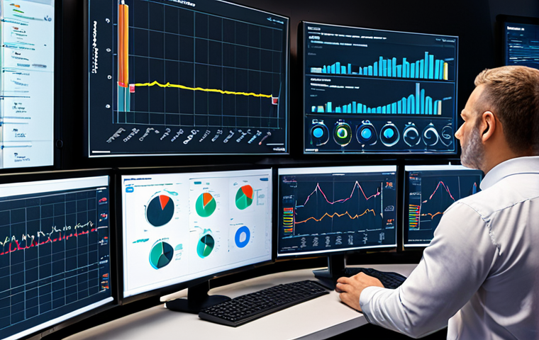 **

A modern control room filled with large monitors displaying real-time energy data visualizations (graphs, charts, dashboards). Engineers are analyzing the data, using tools like Tableau and Power BI. Emphasize the use of IoT sensors and smart meters as data sources. Focus on the concept of data-driven energy management.

**